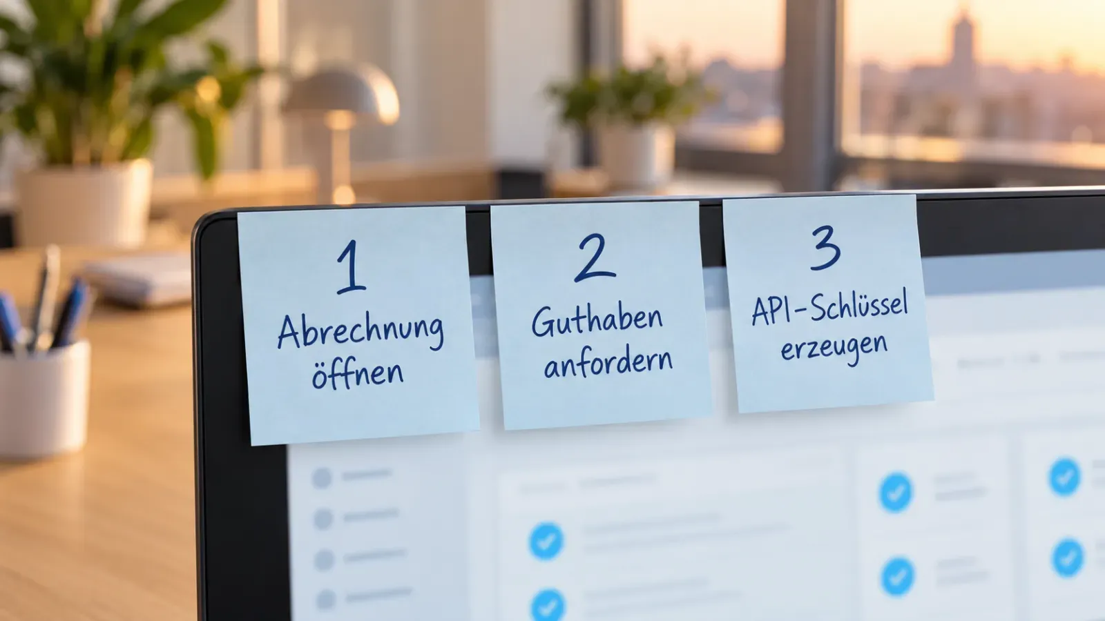Drei Haftnotizen am Monitor mit den Schritten 1 Abrechnung öffnen, 2 Guthaben anfordern, 3 API-Schlüssel erzeugen