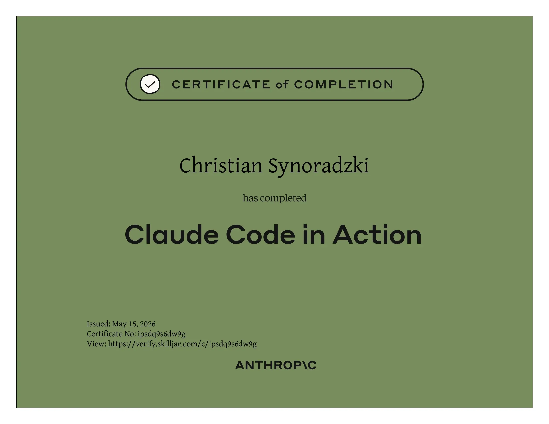 Zertifikat Claude Code in Action von Anthropic, ausgestellt am 15. Mai 2026