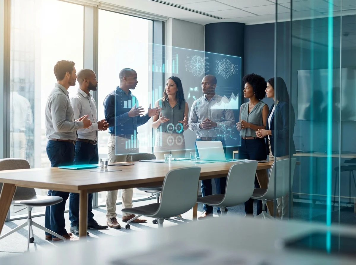 Team arbeitet gemeinsam an KI-Projekt mit Datenvisualisierungen